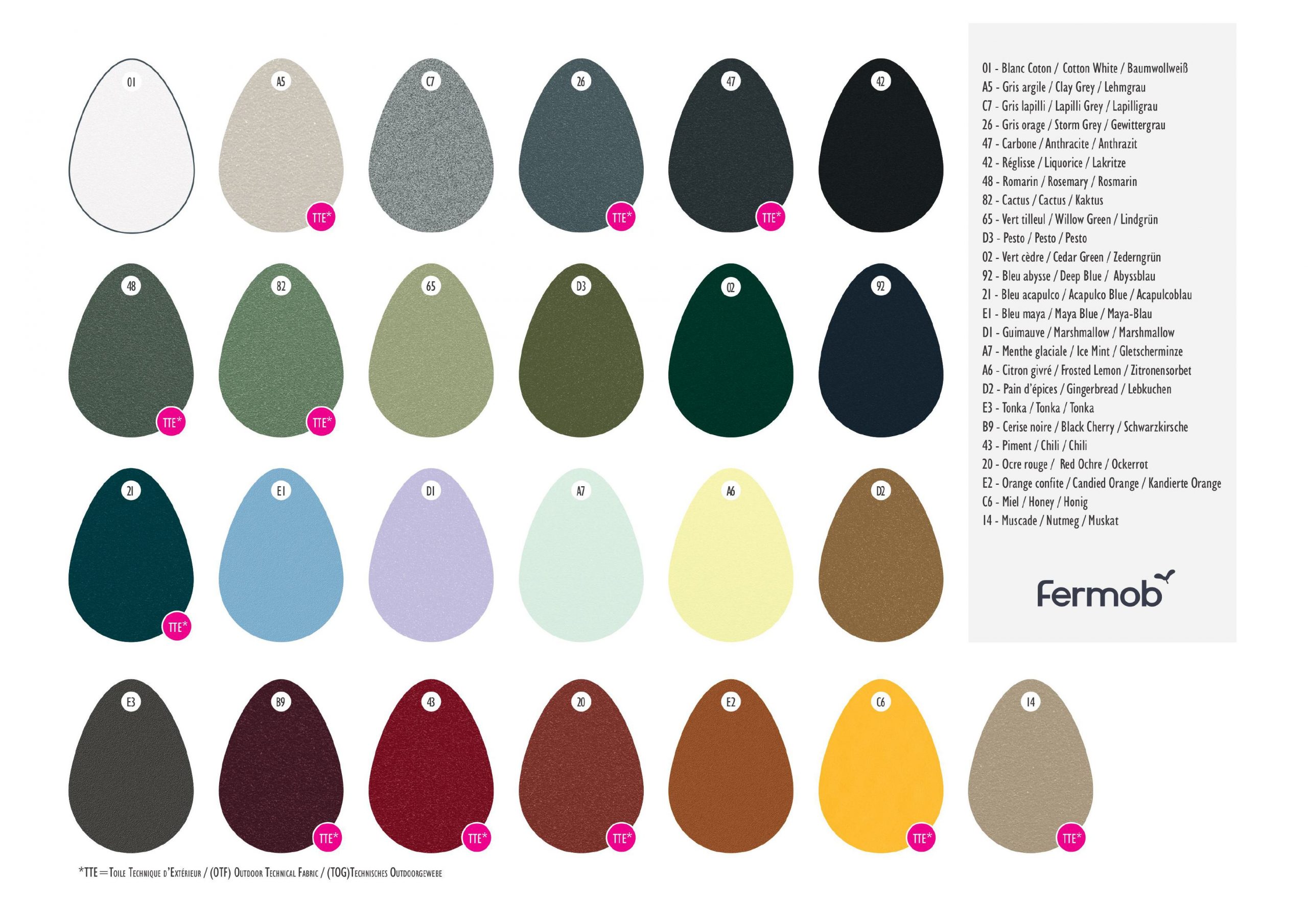 Ein Bild der Farbpalette des Herstellers Fermob. Erhältlich über Anrobi in Augsburg.